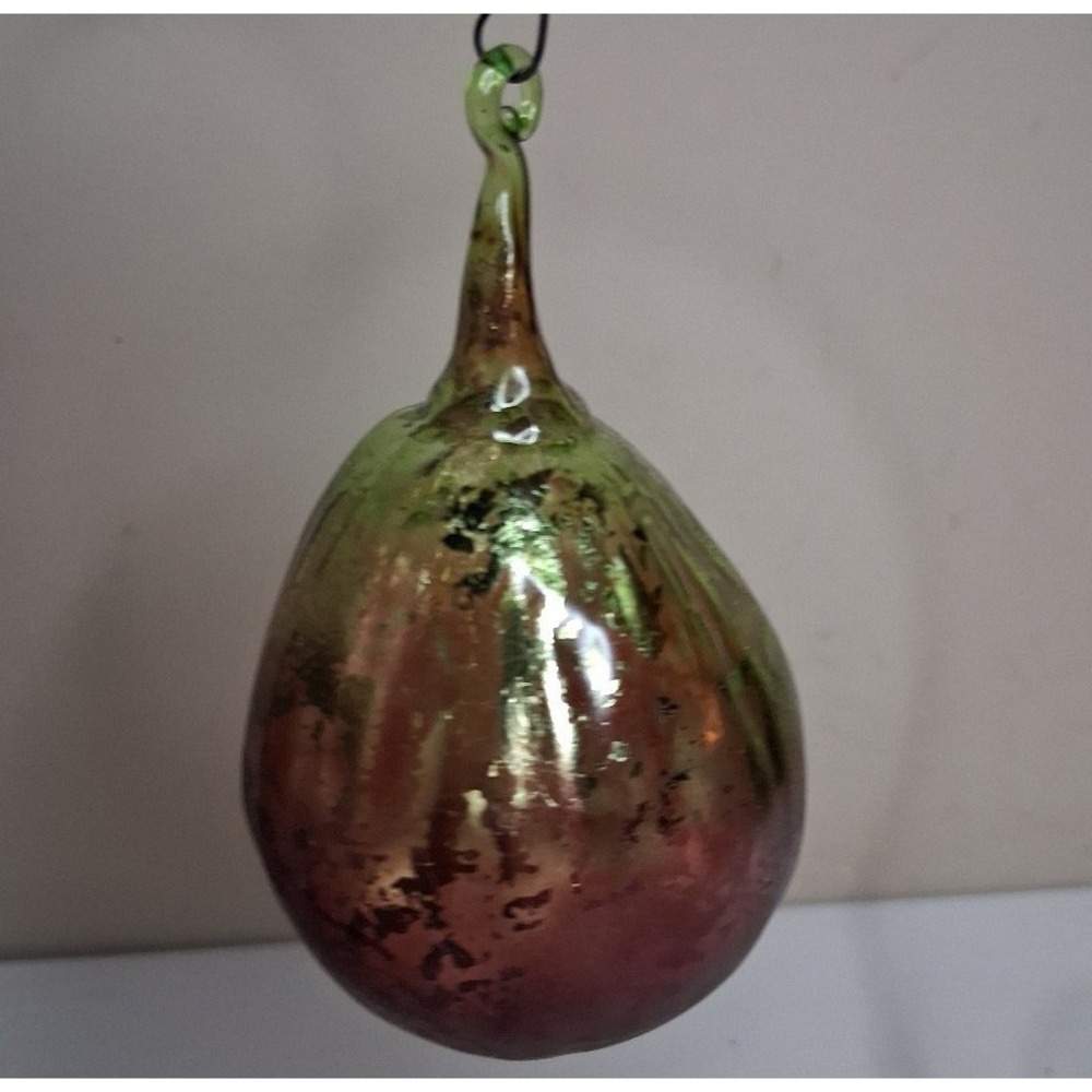 Vintage Mercury Glass Pear Christmas Ornament Hand Blown Teardrop Fruit 3.5"